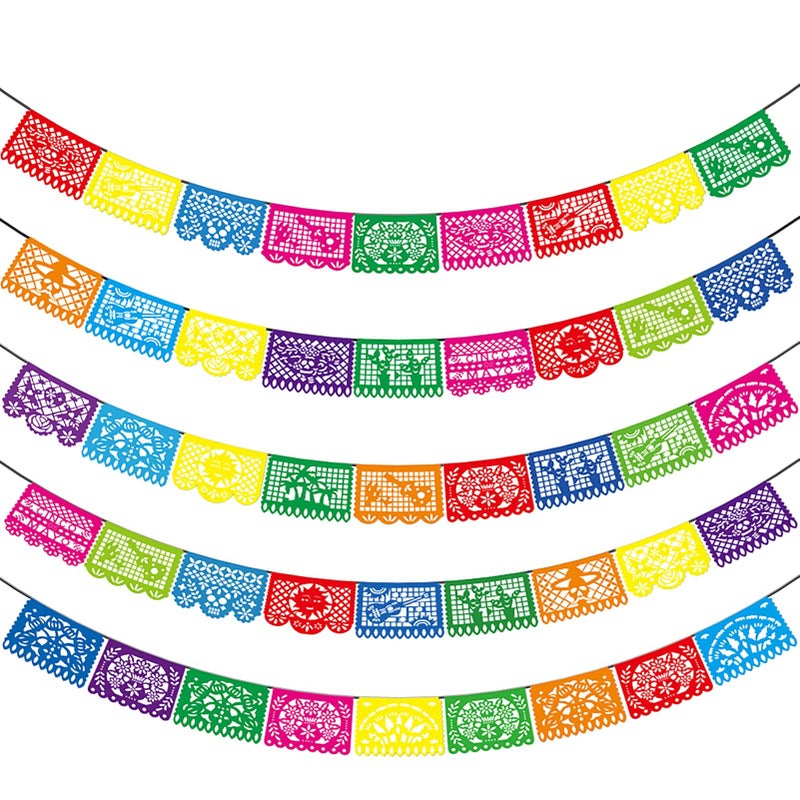 Asoulin 5 PCS 90 Ft Mexican Party Banners  Fiesta Party Decoration  Plastic Papel Picado  Dia De Los Muertos  Day of The Dead Decoration  Cino de Mayo Mexico Halloween Decor  12 Patterns/90 Feet Total